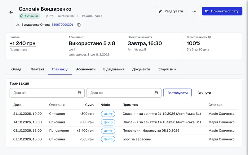 Картка учениці: баланс 1 240 грн, абонемент 5 з 8 і історія транзакцій
